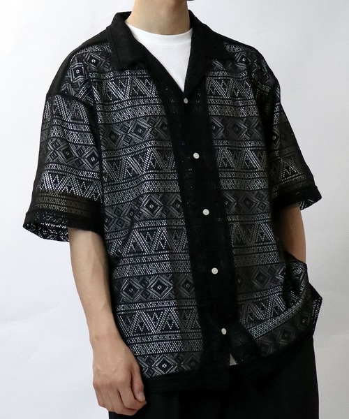 【セール】monotone lace open collar shirt/モノトーン レース 半袖 オープンカラー シアーシャツ（シャツ/ブラウス）｜Starting Over（スターティングオーバー）