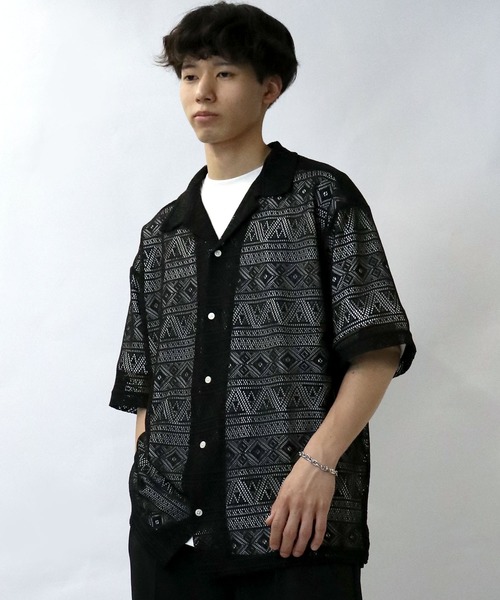 【セール】monotone lace open collar shirt/モノトーン レース 半袖 オープンカラー シアーシャツ（シャツ/ブラウス）｜Starting Over（スターティングオーバー）