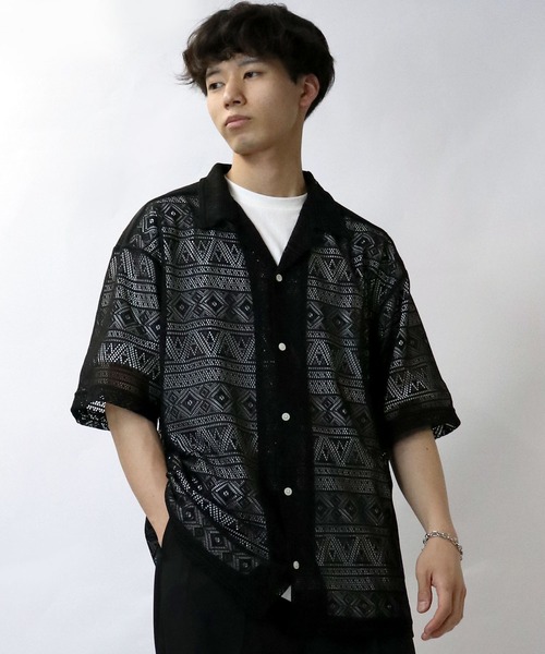 【セール】monotone lace open collar shirt/モノトーン レース 半袖 オープンカラー シアーシャツ（シャツ/ブラウス）｜Starting Over（スターティングオーバー）