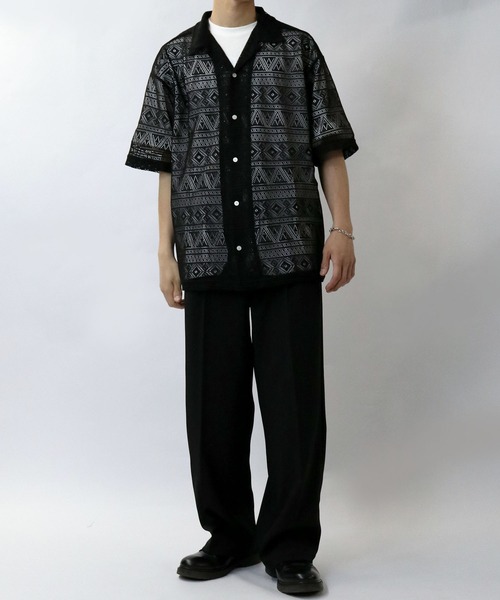 【セール】monotone lace open collar shirt/モノトーン レース 半袖 オープンカラー シアーシャツ（シャツ/ブラウス）｜Starting Over（スターティングオーバー）