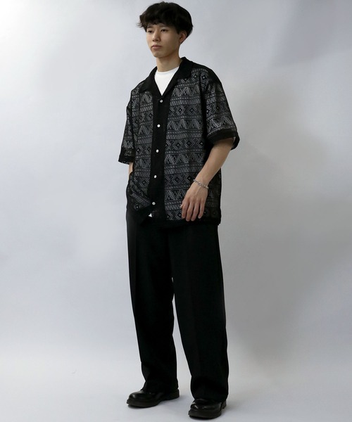 【セール】monotone lace open collar shirt/モノトーン レース 半袖 オープンカラー シアーシャツ（シャツ/ブラウス）｜Starting Over（スターティングオーバー）