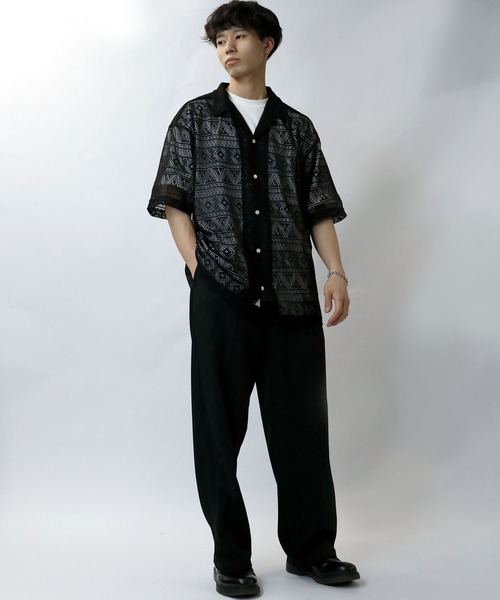 【セール】monotone lace open collar shirt/モノトーン レース 半袖 オープンカラー シアーシャツ（シャツ/ブラウス）｜Starting Over（スターティングオーバー）