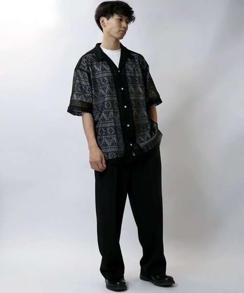 【セール】monotone lace open collar shirt/モノトーン レース 半袖 オープンカラー シアーシャツ（シャツ/ブラウス）｜Starting Over（スターティングオーバー）