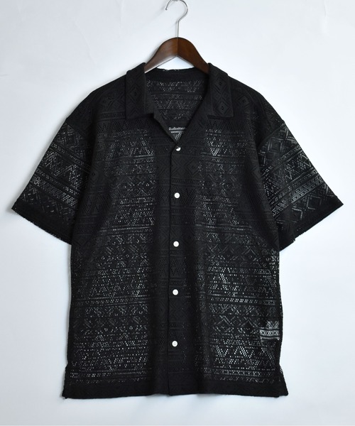 【セール】monotone lace open collar shirt/モノトーン レース 半袖 オープンカラー シアーシャツ（シャツ/ブラウス）｜Starting Over（スターティングオーバー）