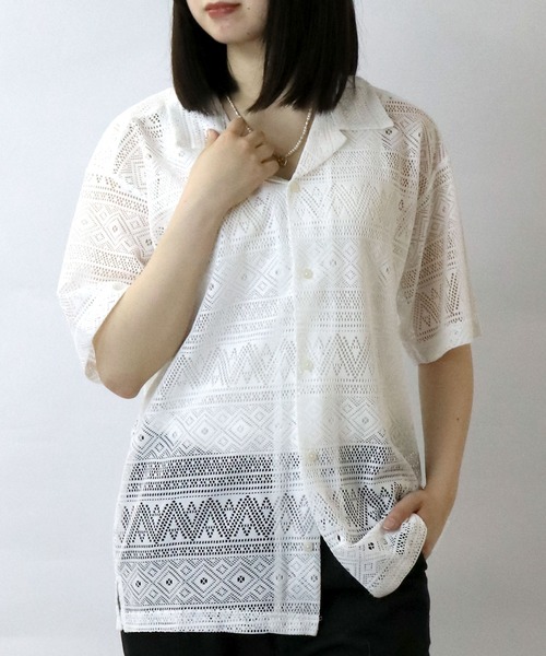 【セール】monotone lace open collar shirt/モノトーン レース 半袖 オープンカラー シアーシャツ（シャツ/ブラウス）｜Starting Over（スターティングオーバー）