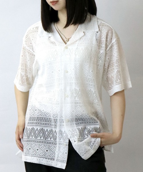 【セール】monotone lace open collar shirt/モノトーン レース 半袖 オープンカラー シアーシャツ（シャツ/ブラウス）｜Starting Over（スターティングオーバー）