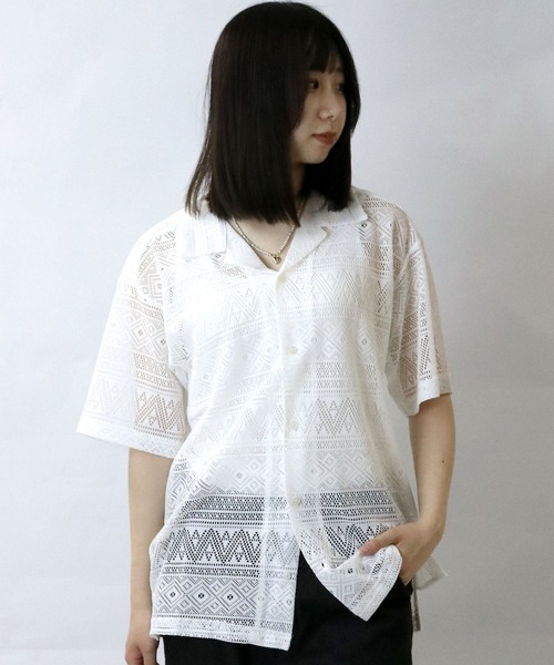 【セール】monotone lace open collar shirt/モノトーン レース 半袖 オープンカラー シアーシャツ（シャツ/ブラウス）｜Starting Over（スターティングオーバー）