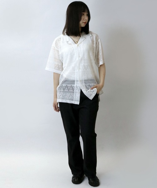 【セール】monotone lace open collar shirt/モノトーン レース 半袖 オープンカラー シアーシャツ（シャツ/ブラウス）｜Starting Over（スターティングオーバー）