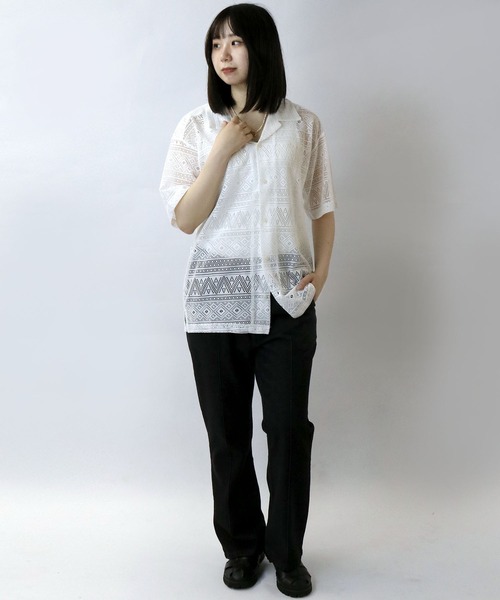【セール】monotone lace open collar shirt/モノトーン レース 半袖 オープンカラー シアーシャツ（シャツ/ブラウス）｜Starting Over（スターティングオーバー）