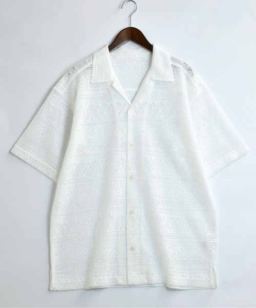 【セール】monotone lace open collar shirt/モノトーン レース 半袖 オープンカラー シアーシャツ（シャツ/ブラウス）｜Starting Over（スターティングオーバー）