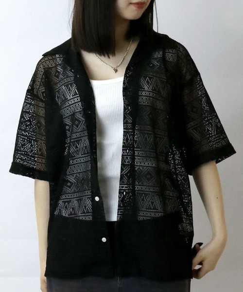 【セール】monotone lace open collar shirt/モノトーン レース 半袖 オープンカラー シアーシャツ（シャツ/ブラウス）｜Starting Over（スターティングオーバー）