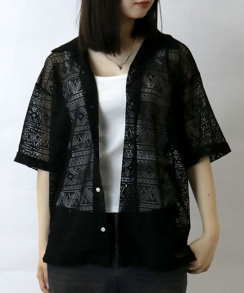 【セール】monotone lace open collar shirt/モノトーン レース 半袖 オープンカラー シアーシャツ（シャツ/ブラウス）｜Starting Over（スターティングオーバー）