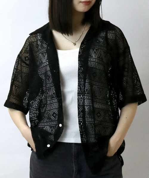 【セール】monotone lace open collar shirt/モノトーン レース 半袖 オープンカラー シアーシャツ（シャツ/ブラウス）｜Starting Over（スターティングオーバー）