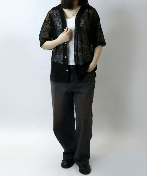 【セール】monotone lace open collar shirt/モノトーン レース 半袖 オープンカラー シアーシャツ（シャツ/ブラウス）｜Starting Over（スターティングオーバー）