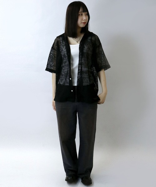 【セール】monotone lace open collar shirt/モノトーン レース 半袖 オープンカラー シアーシャツ（シャツ/ブラウス）｜Starting Over（スターティングオーバー）