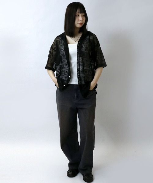 【セール】monotone lace open collar shirt/モノトーン レース 半袖 オープンカラー シアーシャツ（シャツ/ブラウス）｜Starting Over（スターティングオーバー）