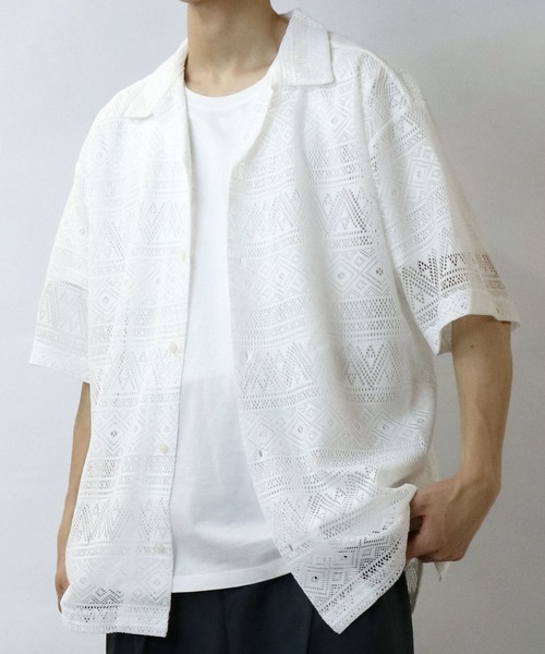 【セール】monotone lace open collar shirt/モノトーン レース 半袖 オープンカラー シアーシャツ（シャツ/ブラウス）｜Starting Over（スターティングオーバー）