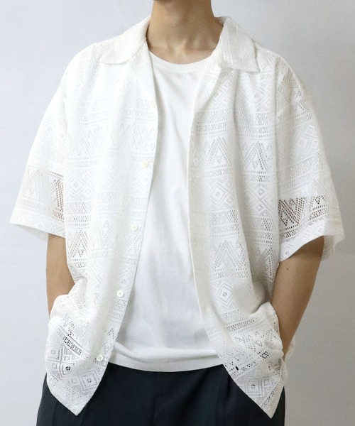 【セール】monotone lace open collar shirt/モノトーン レース 半袖 オープンカラー シアーシャツ（シャツ/ブラウス）｜Starting Over（スターティングオーバー）