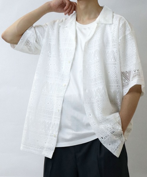 【セール】monotone lace open collar shirt/モノトーン レース 半袖 オープンカラー シアーシャツ（シャツ/ブラウス）｜Starting Over（スターティングオーバー）