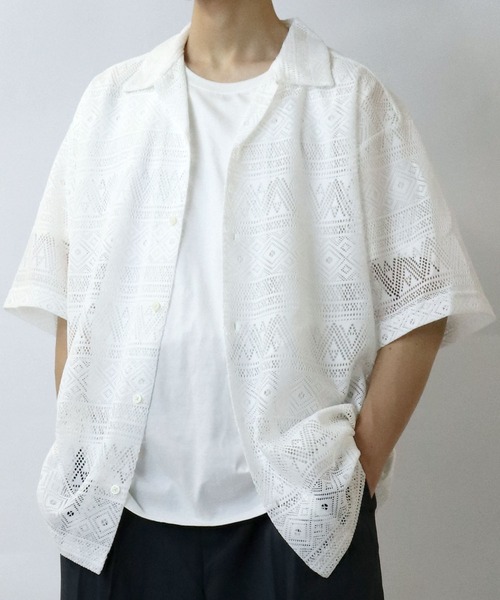 【セール】monotone lace open collar shirt/モノトーン レース 半袖 オープンカラー シアーシャツ（シャツ/ブラウス）｜Starting Over（スターティングオーバー）