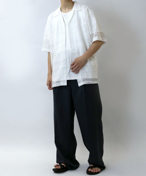 【セール】monotone lace open collar shirt/モノトーン レース 半袖 オープンカラー シアーシャツ（シャツ/ブラウス）｜Starting Over（スターティングオーバー）