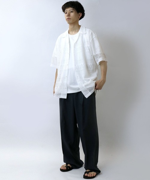 【セール】monotone lace open collar shirt/モノトーン レース 半袖 オープンカラー シアーシャツ（シャツ/ブラウス）｜Starting Over（スターティングオーバー）