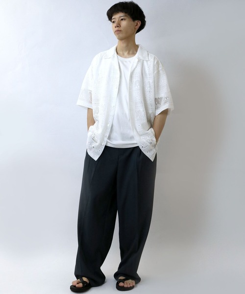 【セール】monotone lace open collar shirt/モノトーン レース 半袖 オープンカラー シアーシャツ（シャツ/ブラウス）｜Starting Over（スターティングオーバー）