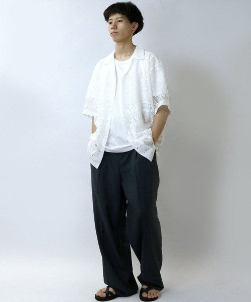 【セール】monotone lace open collar shirt/モノトーン レース 半袖 オープンカラー シアーシャツ（シャツ/ブラウス）｜Starting Over（スターティングオーバー）