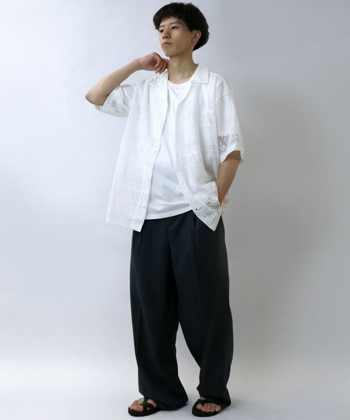 【セール】monotone lace open collar shirt/モノトーン レース 半袖 オープンカラー シアーシャツ（シャツ/ブラウス）｜Starting Over（スターティングオーバー）