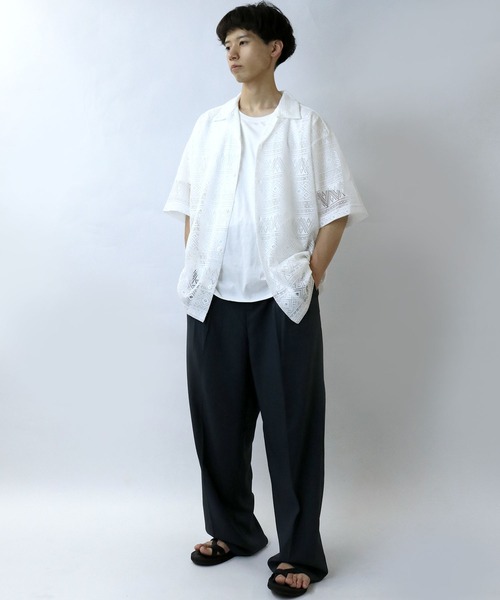 【セール】monotone lace open collar shirt/モノトーン レース 半袖 オープンカラー シアーシャツ（シャツ/ブラウス）｜Starting Over（スターティングオーバー）
