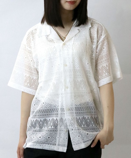 【セール】monotone lace open collar shirt/モノトーン レース 半袖 オープンカラー シアーシャツ（シャツ/ブラウス）｜Starting Over（スターティングオーバー）