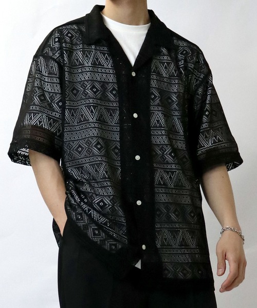 【セール】monotone lace open collar shirt/モノトーン レース 半袖 オープンカラー シアーシャツ（シャツ/ブラウス）｜Starting Over（スターティングオーバー）