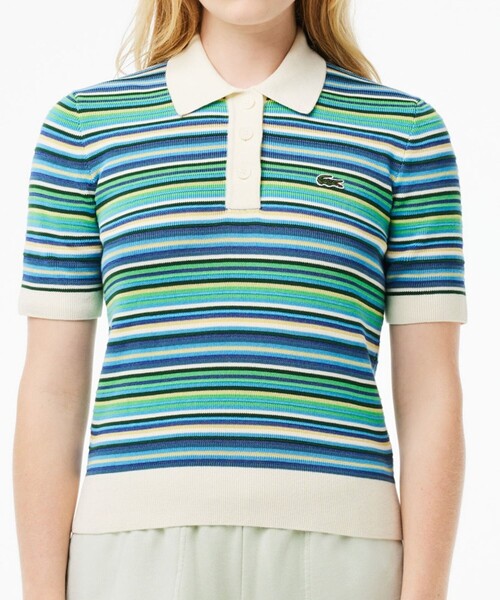 LACOSTE（ラコステ）の「クロップド丈 マルチカラーボーダーニット 