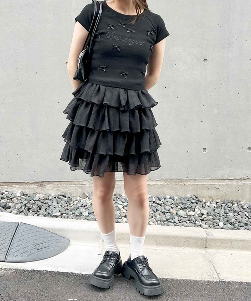 frunco(フランコ)の「リボン付きリブミニTシャツ(Tシャツ/カットソー・レディース・ホワイト/ブラック/ピンク・MEDIUM)」の21枚目の写真
