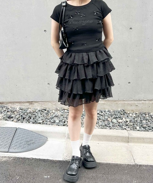 frunco(フランコ)の「リボン付きリブミニTシャツ(Tシャツ/カットソー・レディース・ホワイト/ブラック/ピンク・MEDIUM)」の22枚目の写真