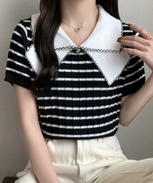 配色えりピンタックニット半袖プルオーバー