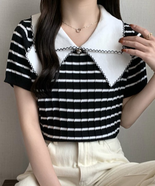 deux amour(ドゥーザムール)の「配色えりピンタックニット半袖プルオーバー(Tシャツ/カットソー・レディース・ブラック×ホワイト/ブラック/ホワイト・FREE)」の3枚目の写真