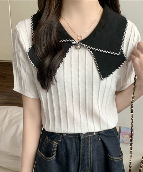 deux amour(ドゥーザムール)の「配色えりピンタックニット半袖プルオーバー(Tシャツ/カットソー・レディース・ブラック×ホワイト/ブラック/ホワイト・FREE)」の1枚目の写真