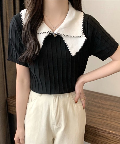 deux amour(ドゥーザムール)の「配色えりピンタックニット半袖プルオーバー(Tシャツ/カットソー・レディース・ブラック×ホワイト/ブラック/ホワイト・FREE)」の2枚目の写真