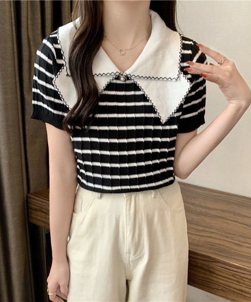 deux amour(ドゥーザムール)の「配色えりピンタックニット半袖プルオーバー(Tシャツ/カットソー・レディース・ブラック×ホワイト/ブラック/ホワイト・FREE)」の4枚目の写真