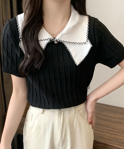 deux amour(ドゥーザムール)の「配色えりピンタックニット半袖プルオーバー(Tシャツ/カットソー・レディース・ブラック×ホワイト/ブラック/ホワイト・FREE)」の5枚目の写真
