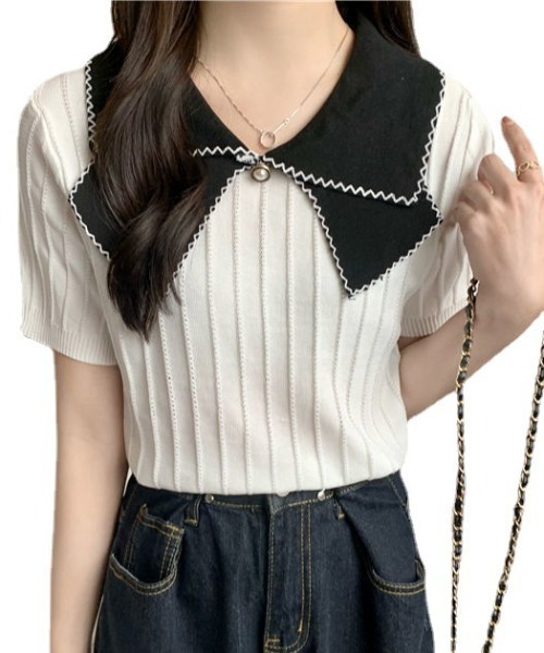 deux amour(ドゥーザムール)の「配色えりピンタックニット半袖プルオーバー(Tシャツ/カットソー・レディース・ブラック×ホワイト/ブラック/ホワイト・FREE)」の6枚目の写真