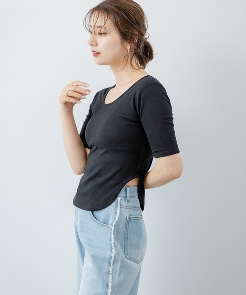 rectangle(レクタングル)の「カップ付きスリットリブトップス(Tシャツ/カットソー・レディース・アイボリー/ブラック・FREE)」の10枚目の写真