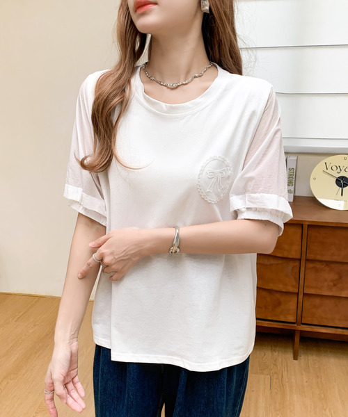 emi+(エミプラス)の「リボン刺繍デザインオーバーサイズTEE(Tシャツ/カットソー・レディース・ホワイト/ブラック・FREE)」の6枚目の写真