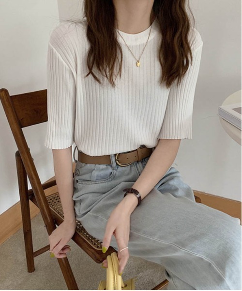 AMELY(エミリー)の「5分袖サマーリブニット(ニット/セーター・レディース・ブラック/ブルーグレー/グレイッシュベージュ/イエロー/グリーン/ホワイト/ブラウン・フリー)」の22枚目の写真
