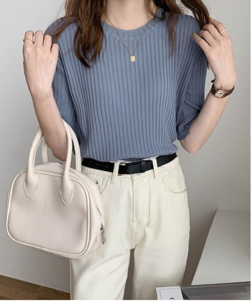 AMELY(エミリー)の「5分袖サマーリブニット(ニット/セーター・レディース・ブラック/ブルーグレー/グレイッシュベージュ/イエロー/グリーン/ホワイト/ブラウン・フリー)」の18枚目の写真