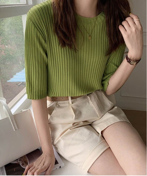 AMELY(エミリー)の「5分袖サマーリブニット(ニット/セーター・レディース・ブラック/ブルーグレー/グレイッシュベージュ/イエロー/グリーン/ホワイト/ブラウン・フリー)」の14枚目の写真