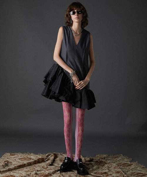 水色ストライプ アシンメトリー ラッフル ドレス（Simone Rocha