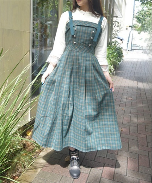 axes femme(アクシーズファム)の「バックリボンチェック柄ジャンパースカート(ジャンパースカート・レディース・グレー/ダークグリーン/チャコール・FREE)」の3枚目の写真