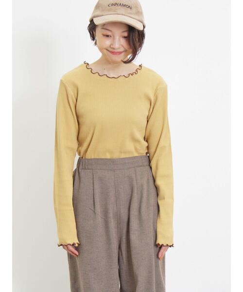 Samansa Mos2（サマンサ モスモス）の「配色メローリブクルーネックインナー（Tシャツ/カットソー・レディース・イエロー/チャコールグレー/グリーン/キナリ・F）」の4枚目の写真